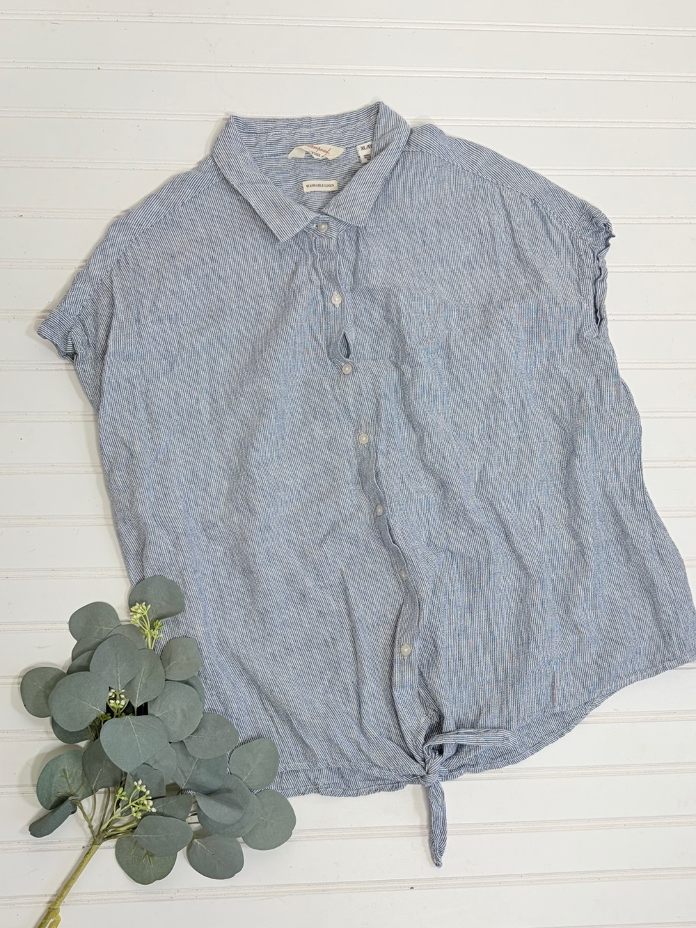 Weatherproof Vintage Striped Washable Linen Tie Front Shirt